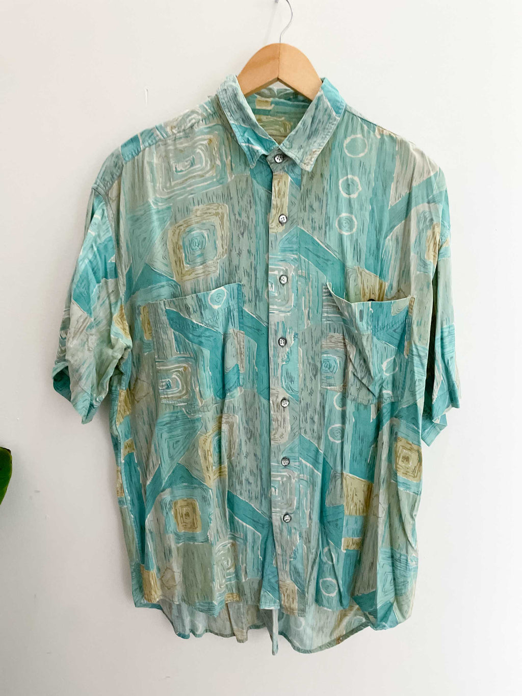 Vintage spurt green abstract patterned men short sleeve large shirt