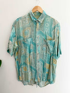 Vintage spurt green abstract patterned men short sleeve large shirt