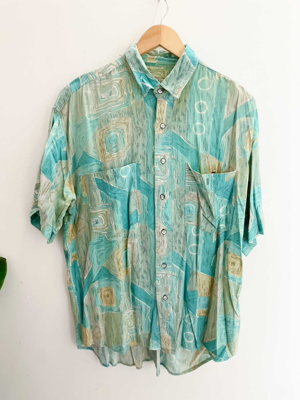 Vintage spurt green abstract patterned men short sleeve large shirt