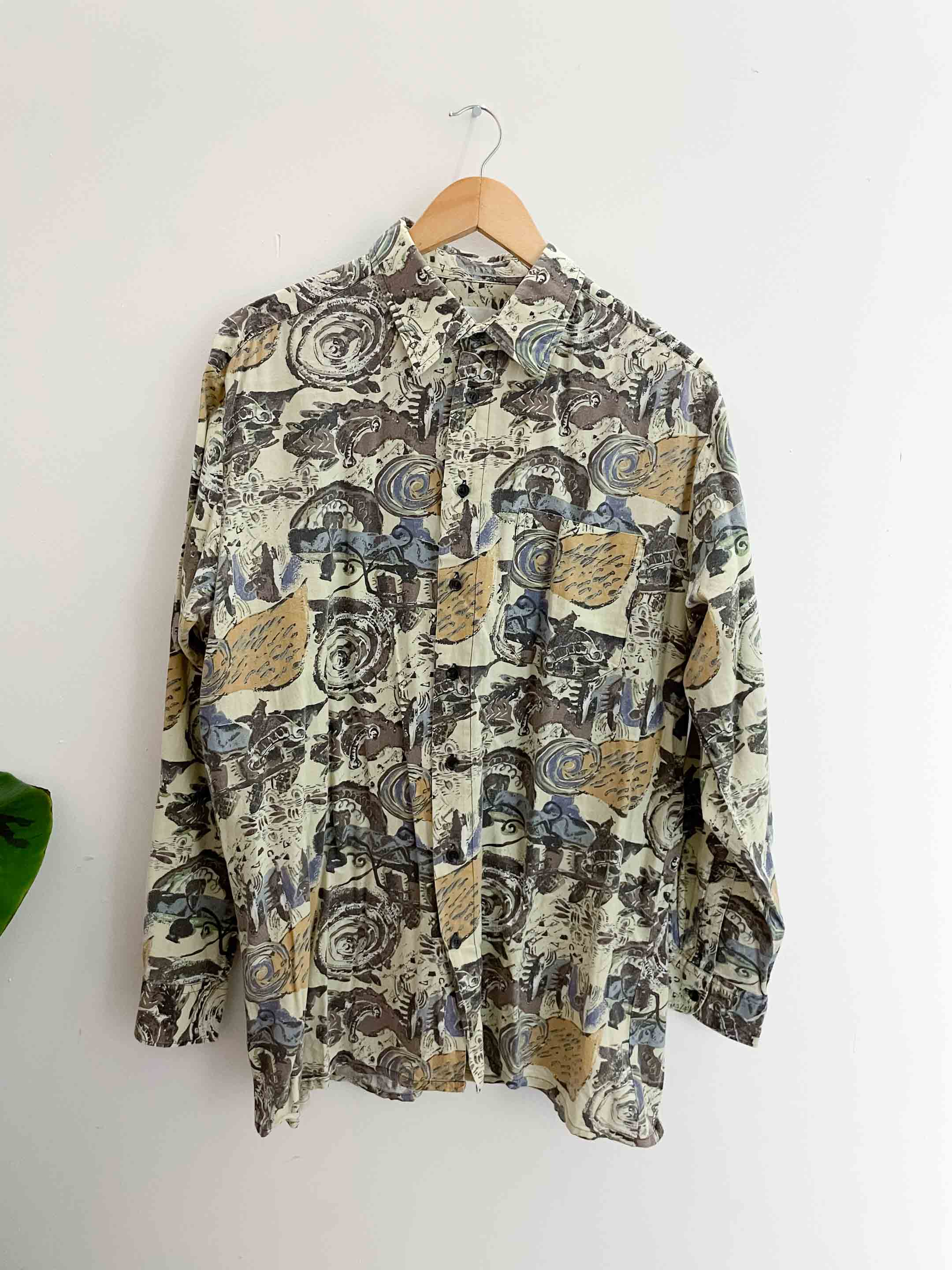 Vintage brown abstract pattern mens long sleeve shirt size M