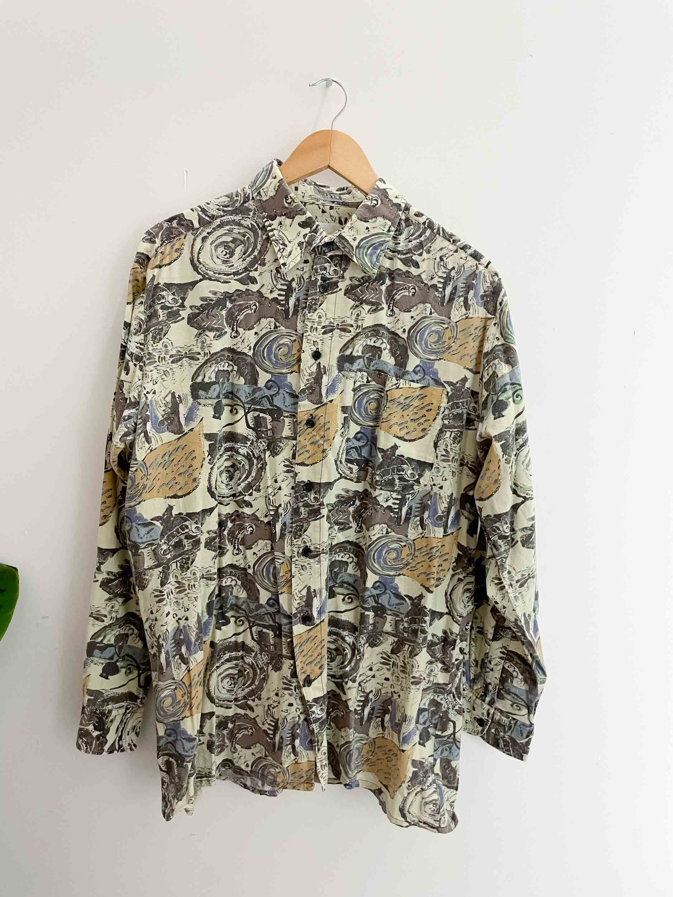 Vintage brown abstract pattern mens long sleeve shirt size M