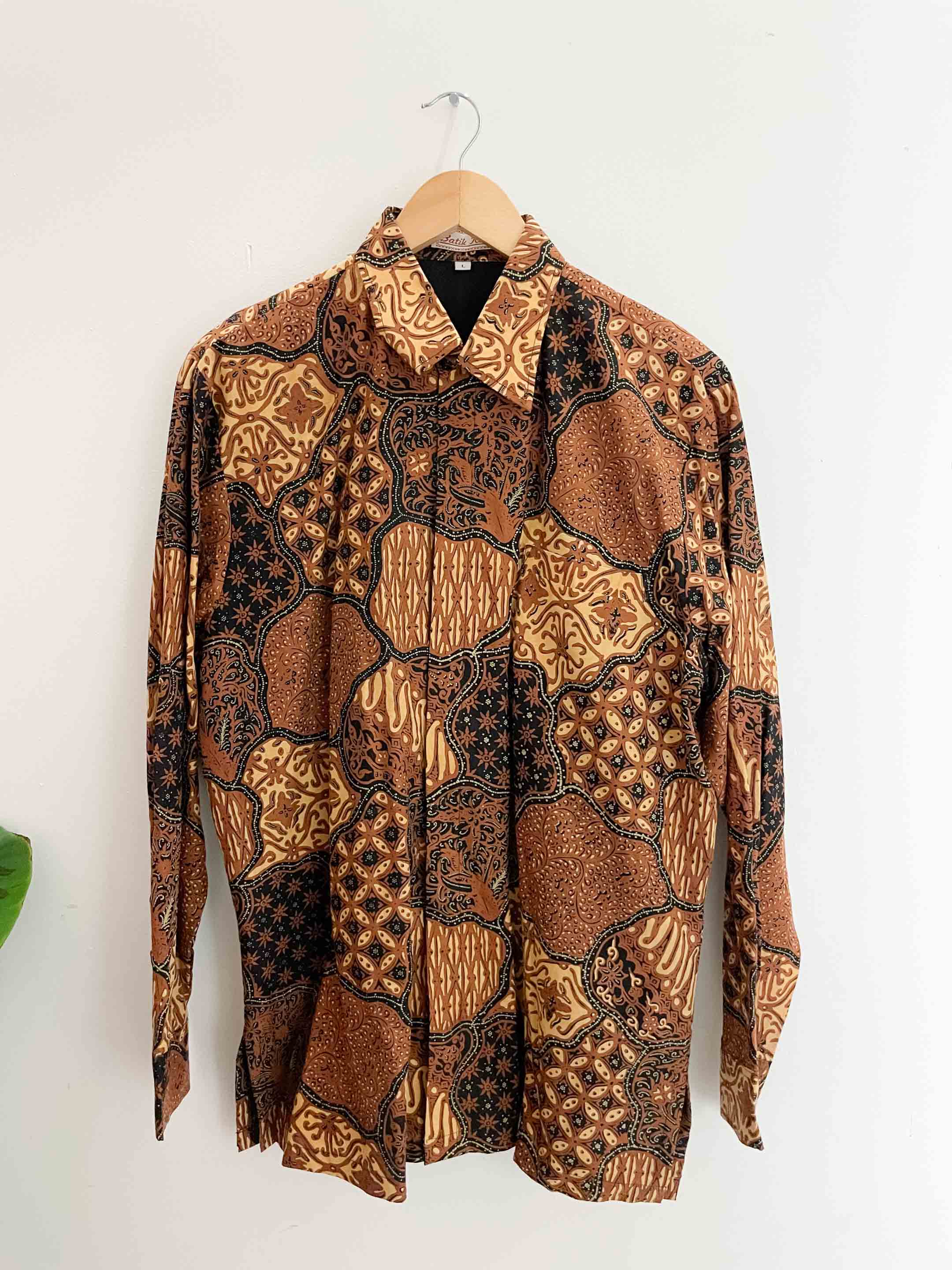 Vintage Batik brown abstract pattern mens long sleeve large shirt