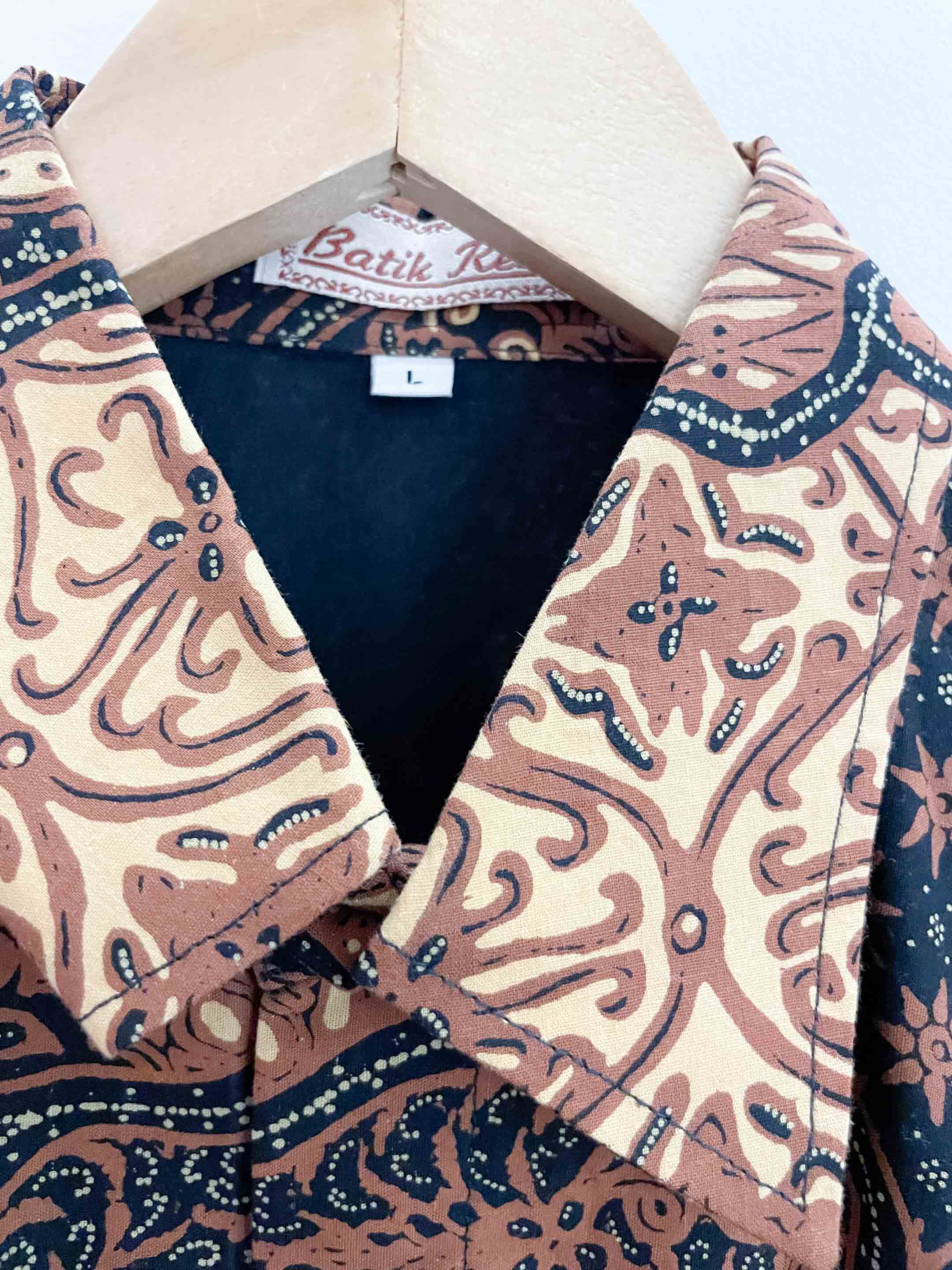 Vintage Batik brown abstract pattern mens long sleeve large shirt