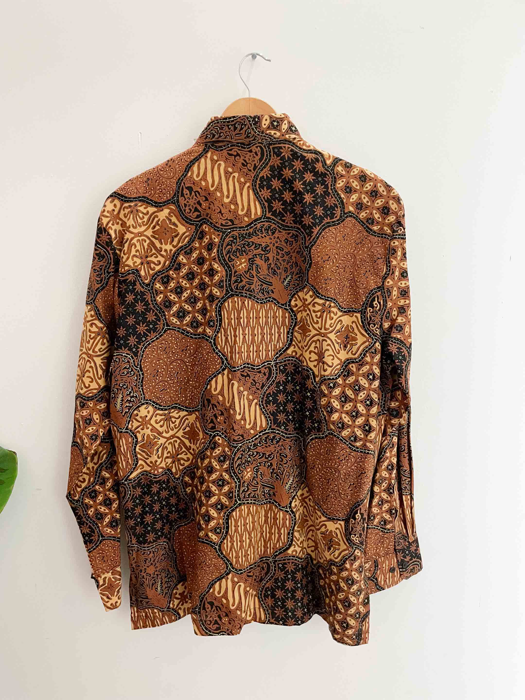 Vintage Batik brown abstract pattern mens long sleeve large shirt
