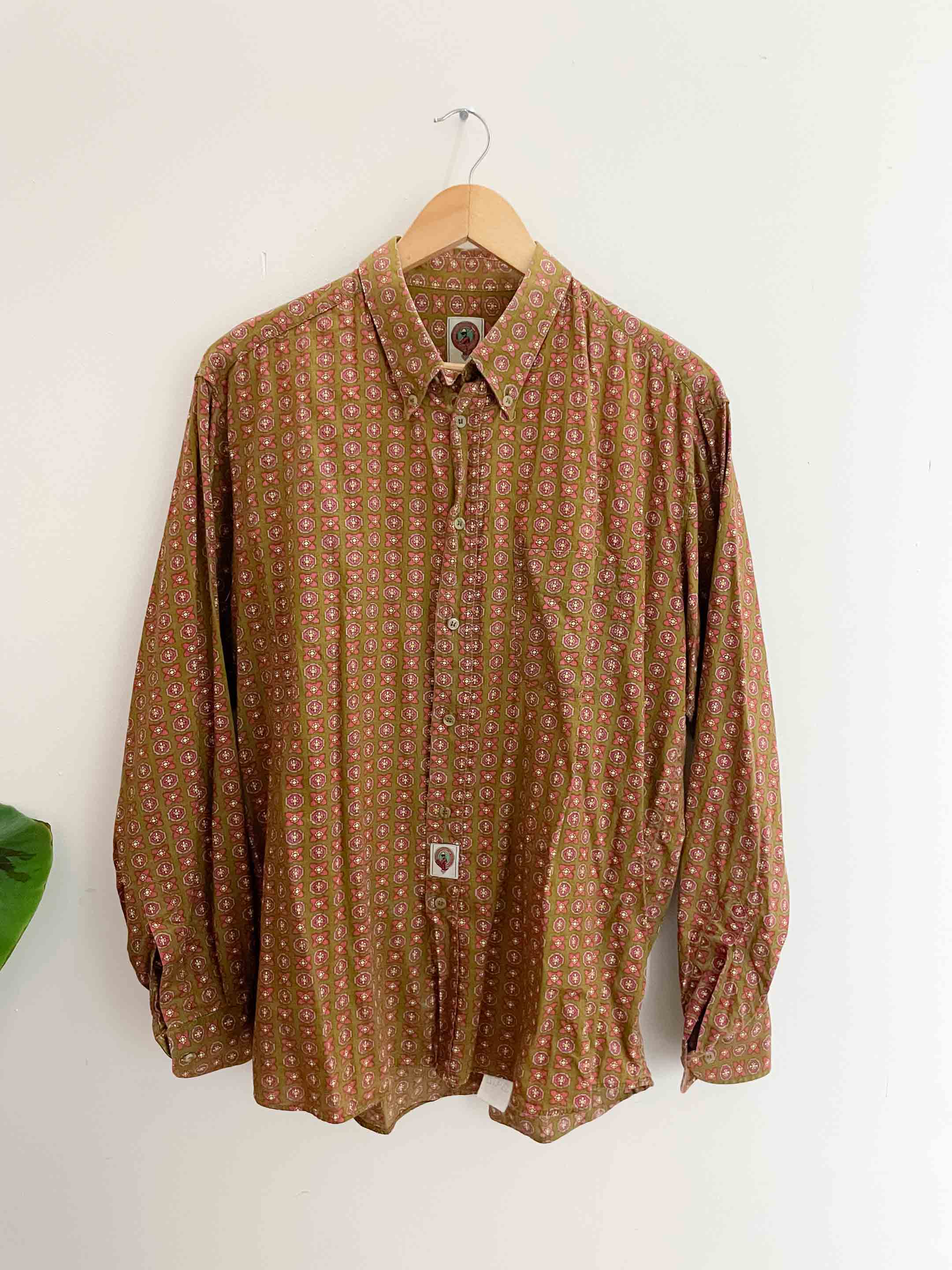 Vintage brown abstract pattern long sleeve mens large shirt