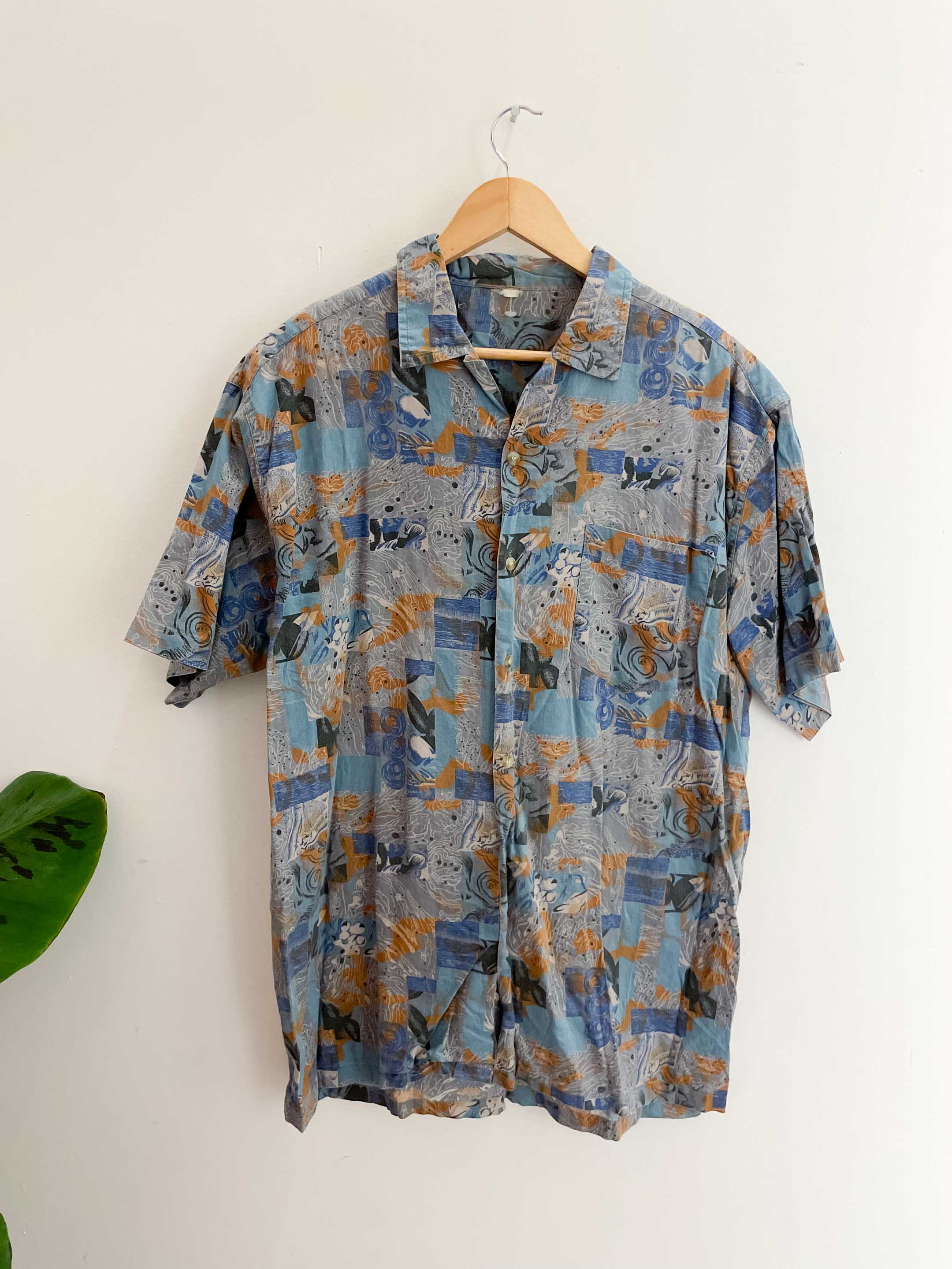 Vintage mens floral retro beach blue patterned short sleeve shirt size M