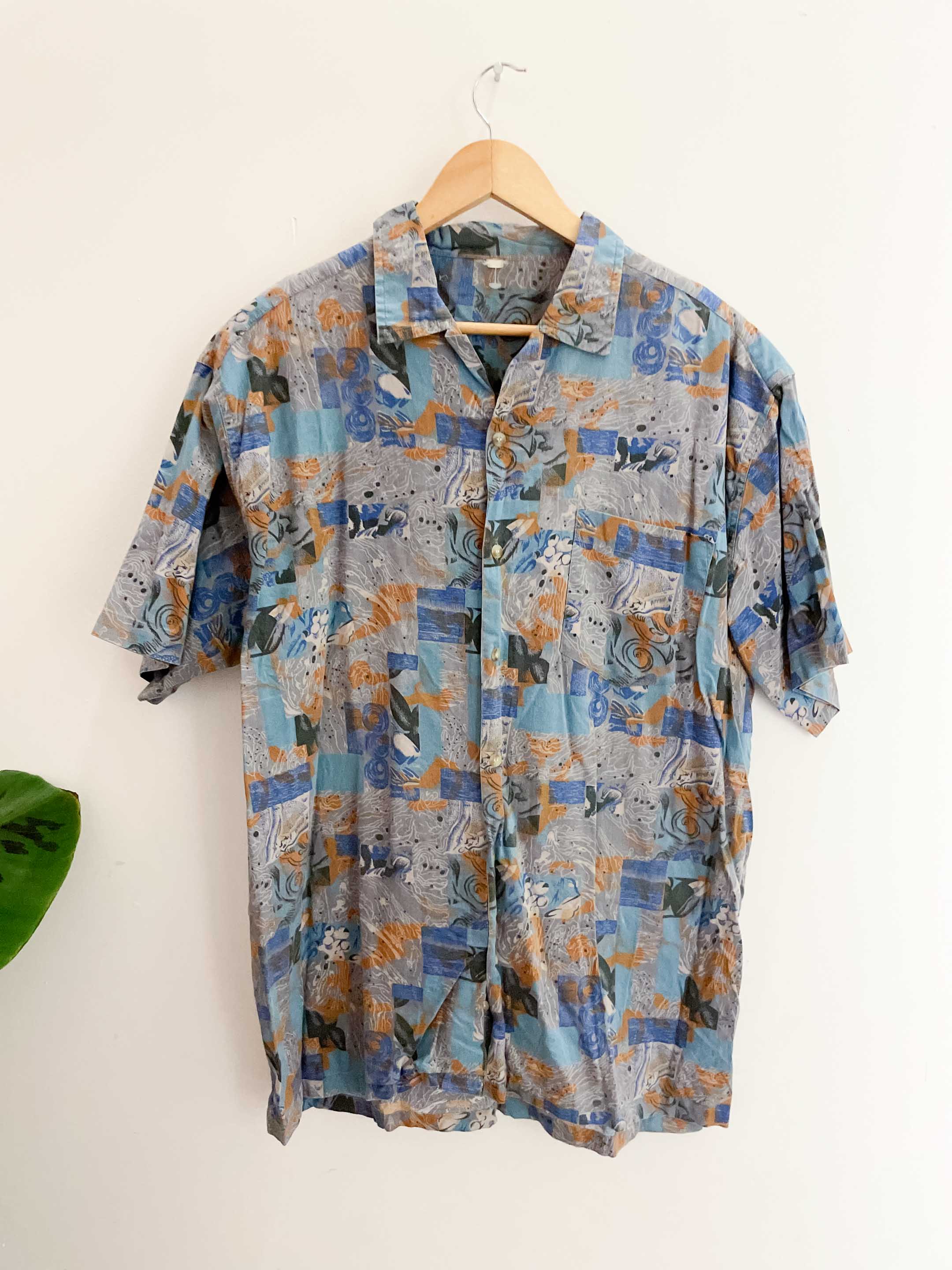 Vintage mens floral retro beach blue patterned short sleeve shirt size M