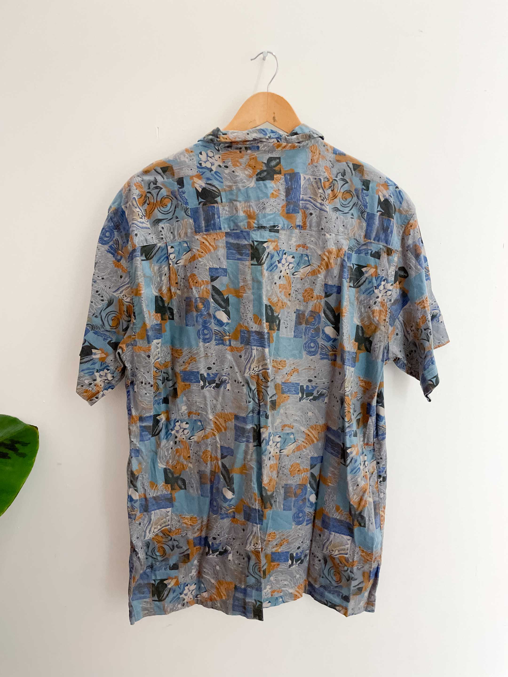 Vintage mens floral retro beach blue patterned short sleeve shirt size M