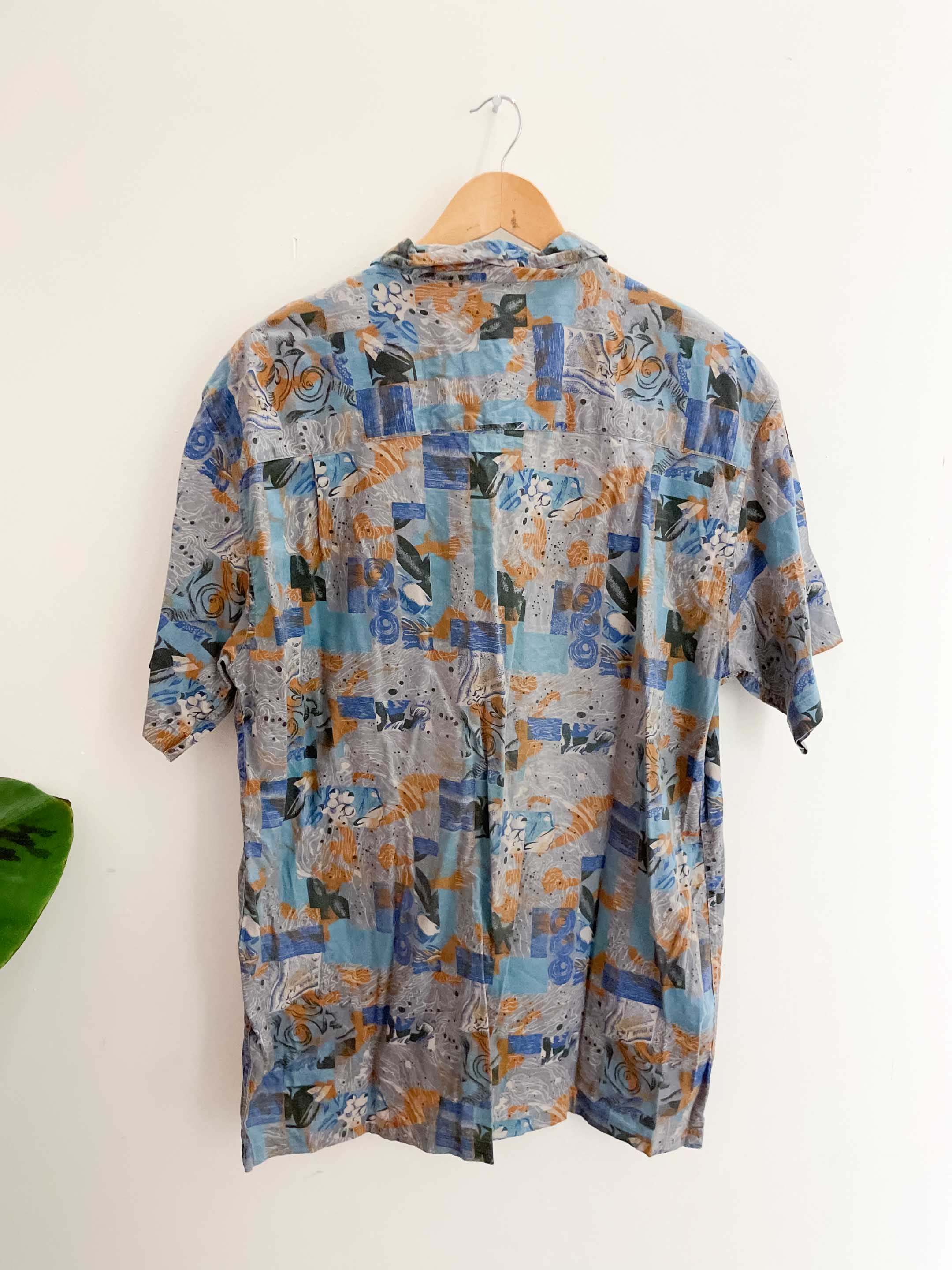Vintage mens floral retro beach blue patterned short sleeve shirt size M