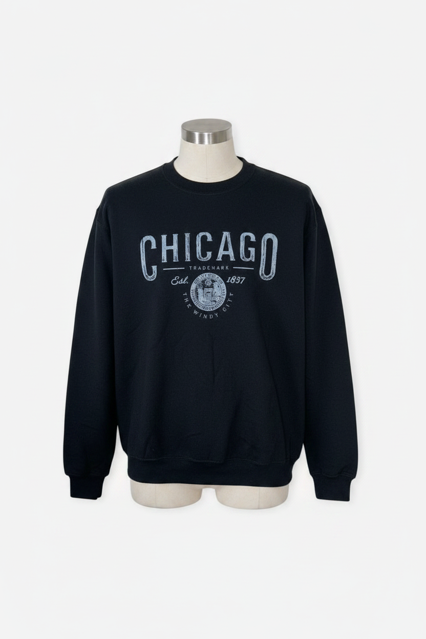 black Chicago Illinois graphic print crew-neck sweatshirt made from a cotton blend.