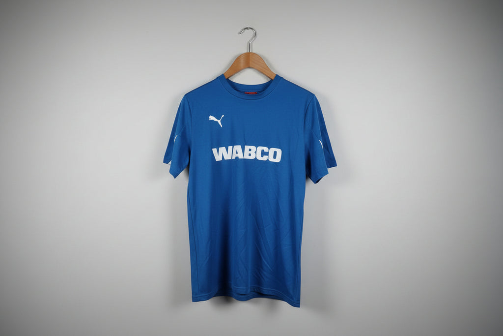 Blue sweatshirt with 'WABCO' branding on a hanger against a white wall.