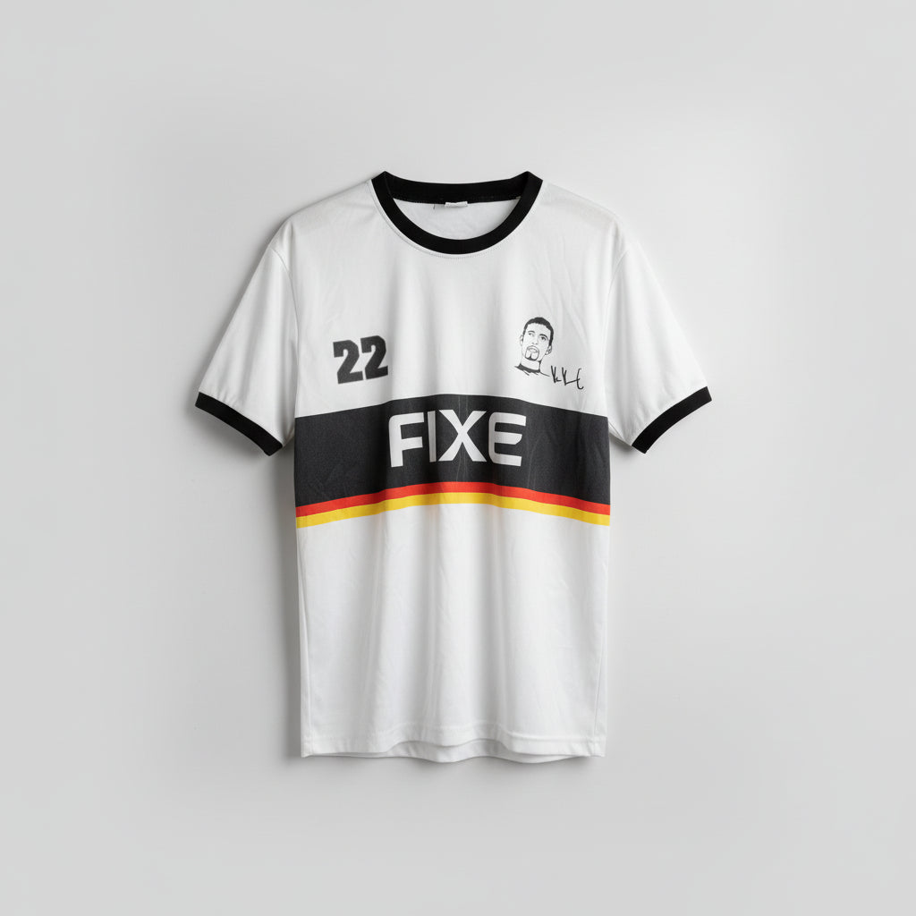 White sports jersey with black and red accents, featuring the number 22 and 'FXE' branding, hanging on a wooden hanger against a white wall.