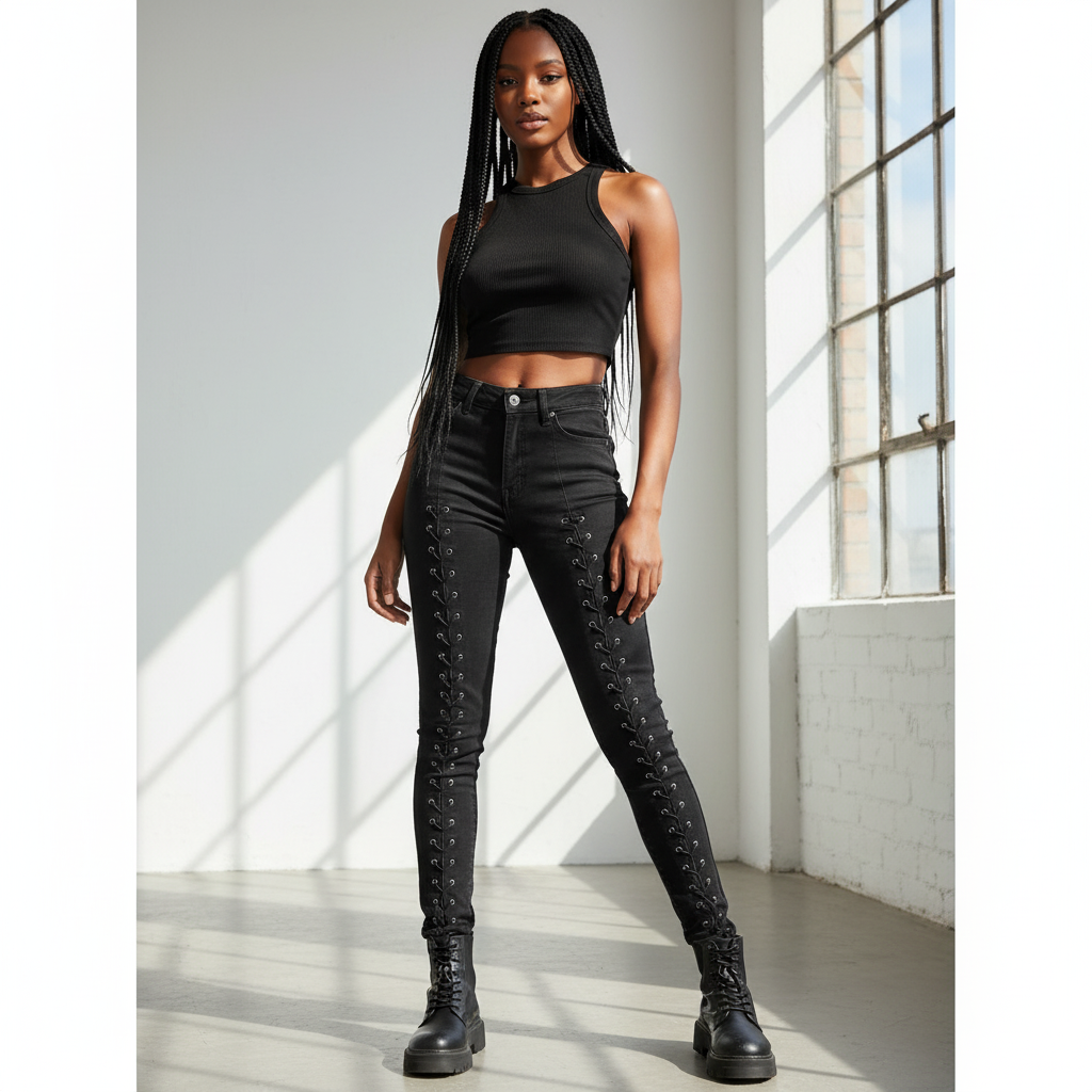 Vintage women Topshop Black Eyelet Jamie skinny studded Jeans W 26 L 34 Sku 6864