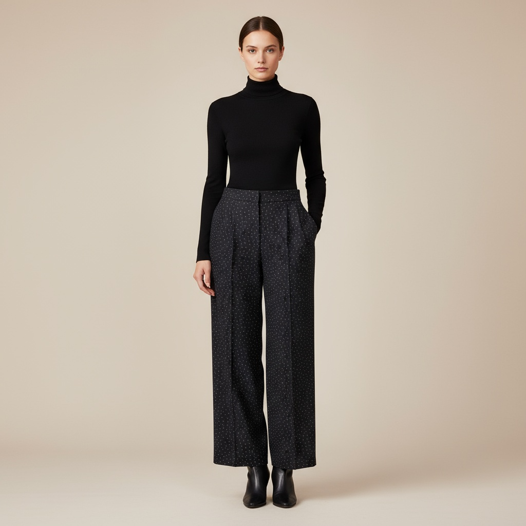 Vintage women black dotted chiffon wide leg crop trouser in L|L30 W18 |SKU 6304