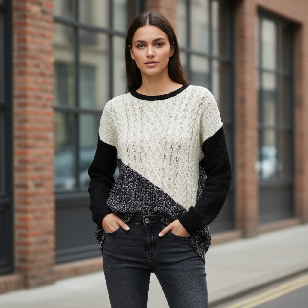 River island womens color block cream crew neck knited sweater size 14