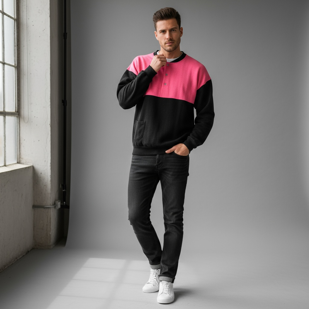 Vintage black pink colorblock 1/4 botton up crew neck sweatshirt