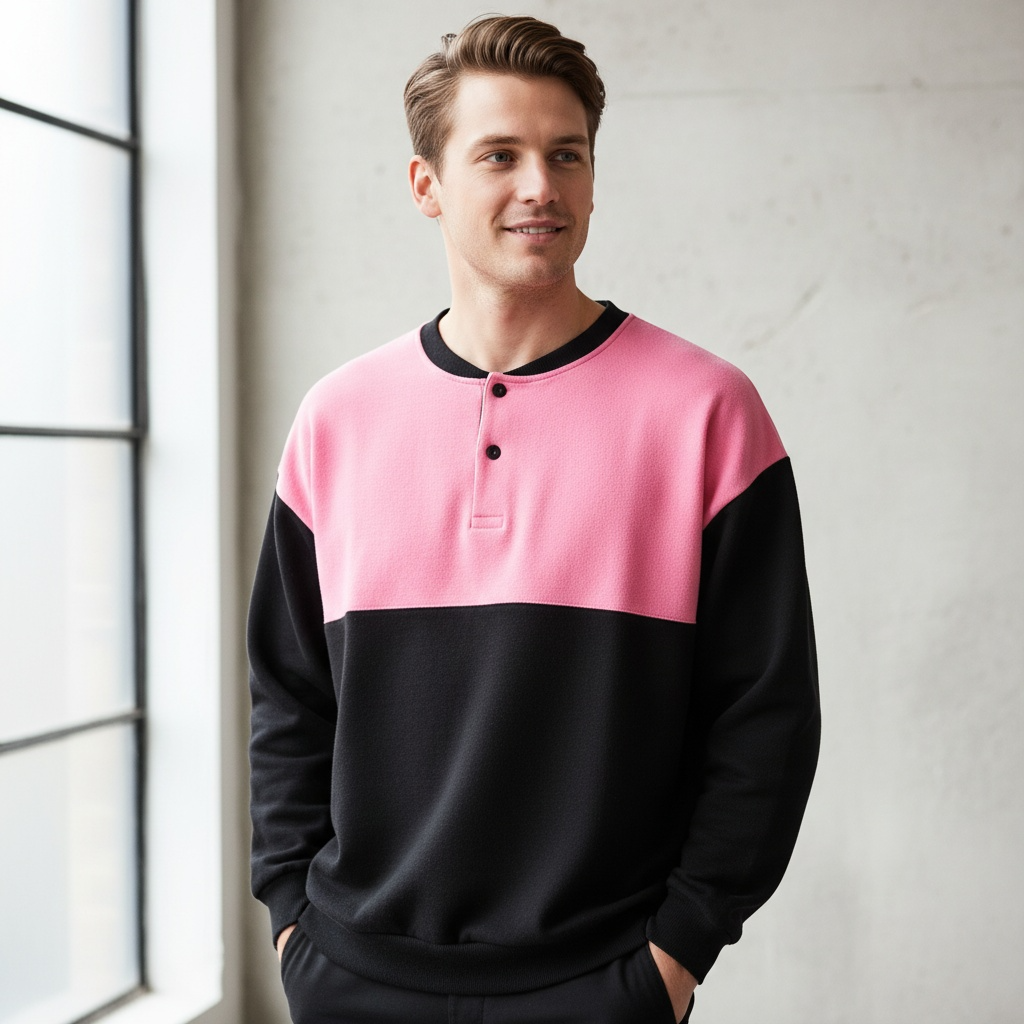 Vintage black pink colorblock 1/4 botton up crew neck sweatshirt