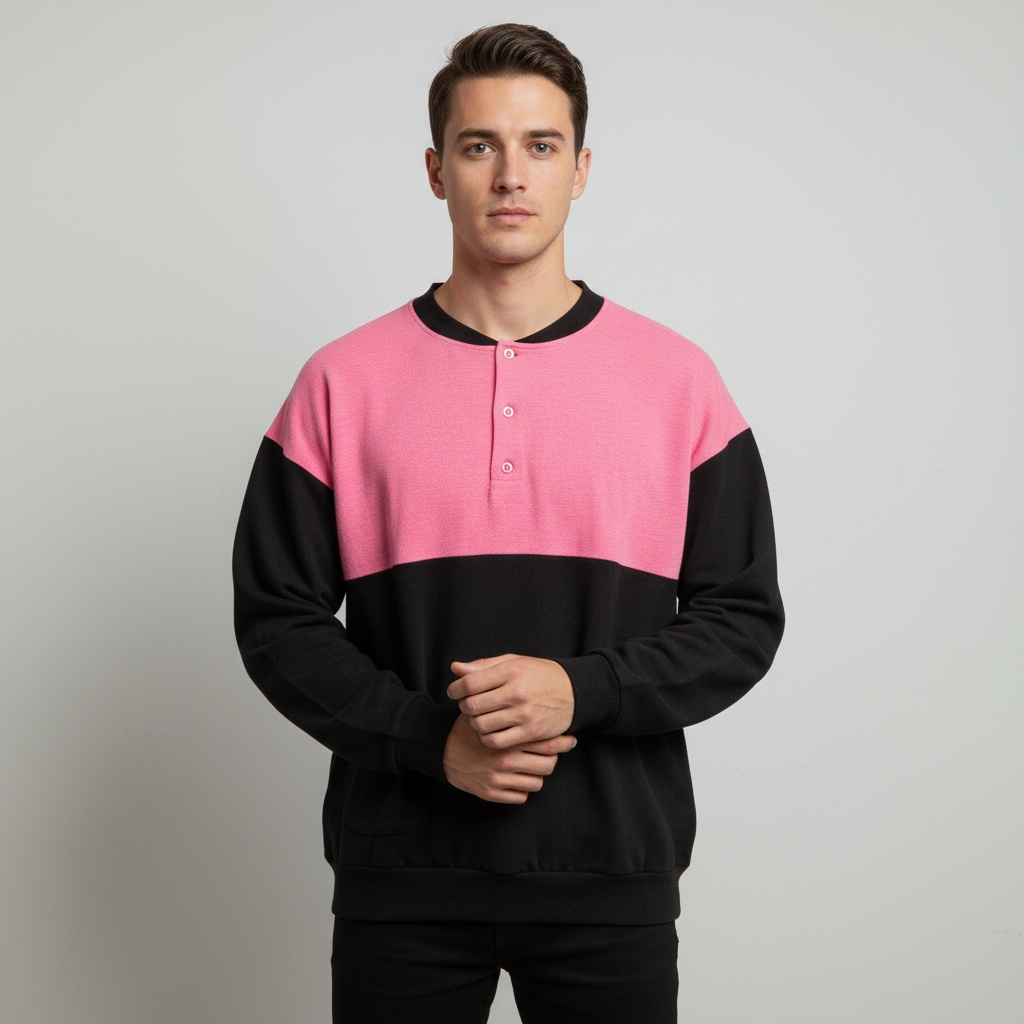 Vintage black pink colorblock 1/4 botton up crew neck sweatshirt