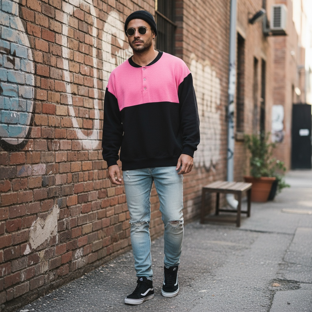 Vintage black pink colorblock 1/4 botton up crew neck sweatshirt