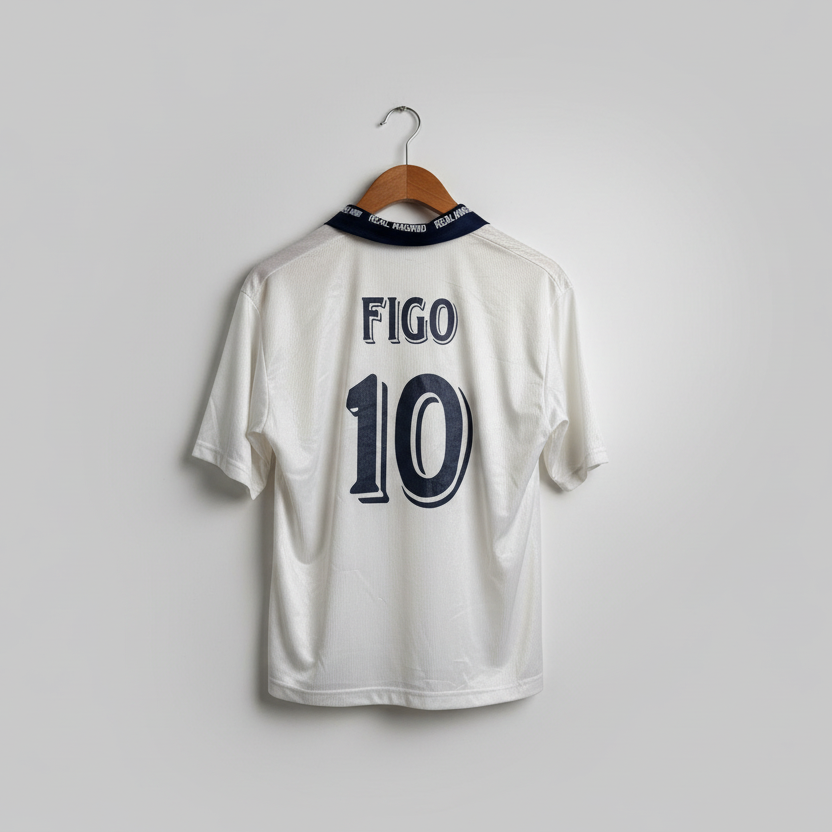 White sports jersey with 'Figo 10' printed on it, hanging on a wooden hanger against a light gray background.