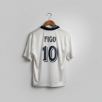 White sports jersey with 'Figo 10' printed on it, hanging on a wooden hanger against a light gray background.