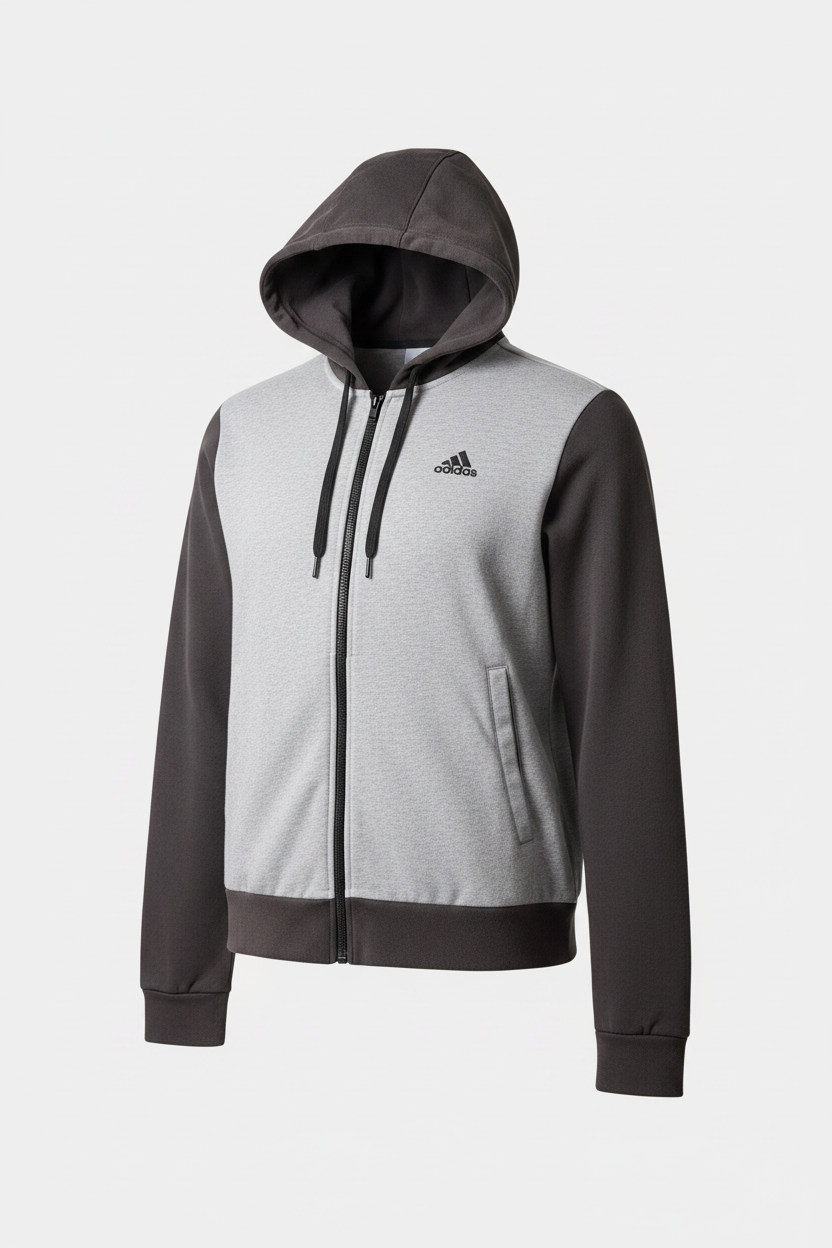 A men's full-zip hoodie by Adidas, featuring a light gray heather body, dark gray sleeves and hood, and a black zipper and logo.