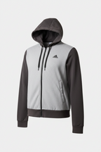 A men's full-zip hoodie by Adidas, featuring a light gray heather body, dark gray sleeves and hood, and a black zipper and logo.