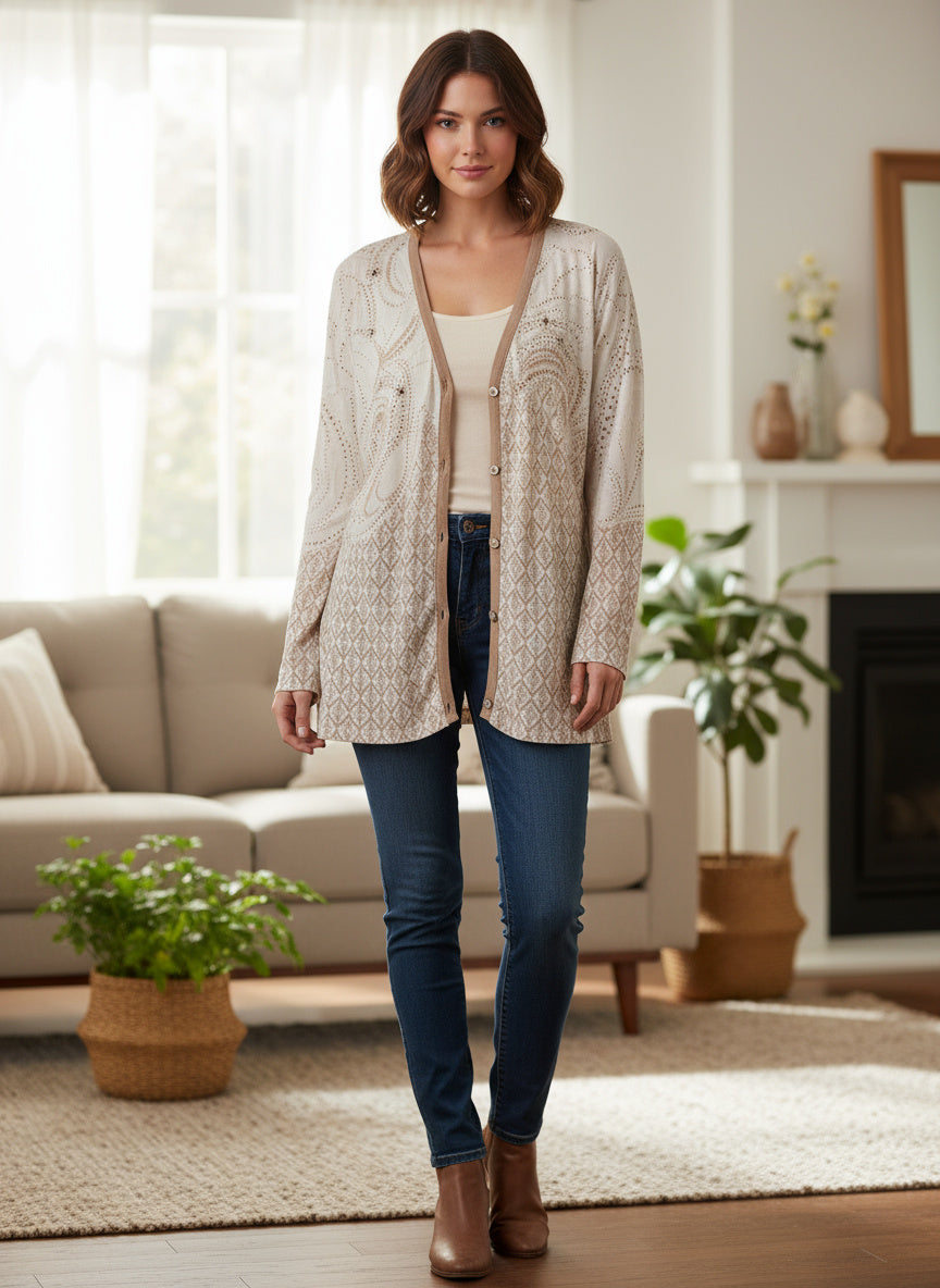 Rubynee Vintage y2k Vneck Patterned cream Sweatshirt