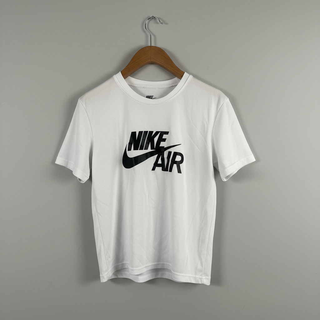 White t-shirt with Nike Air logo on a hanger against a gray background
