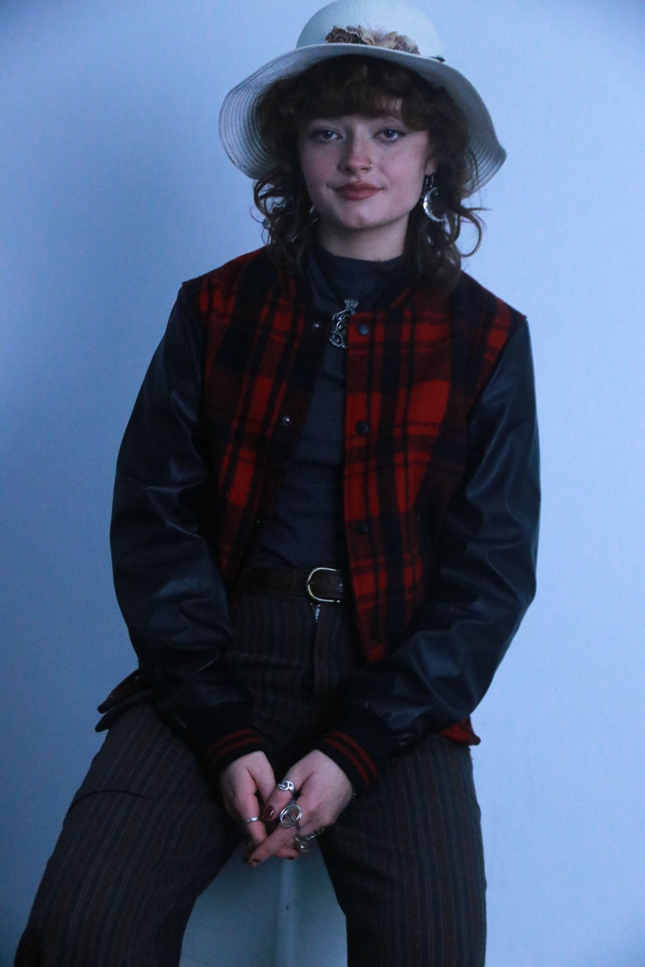 Rubynee vintage leather checkered bomber jacket