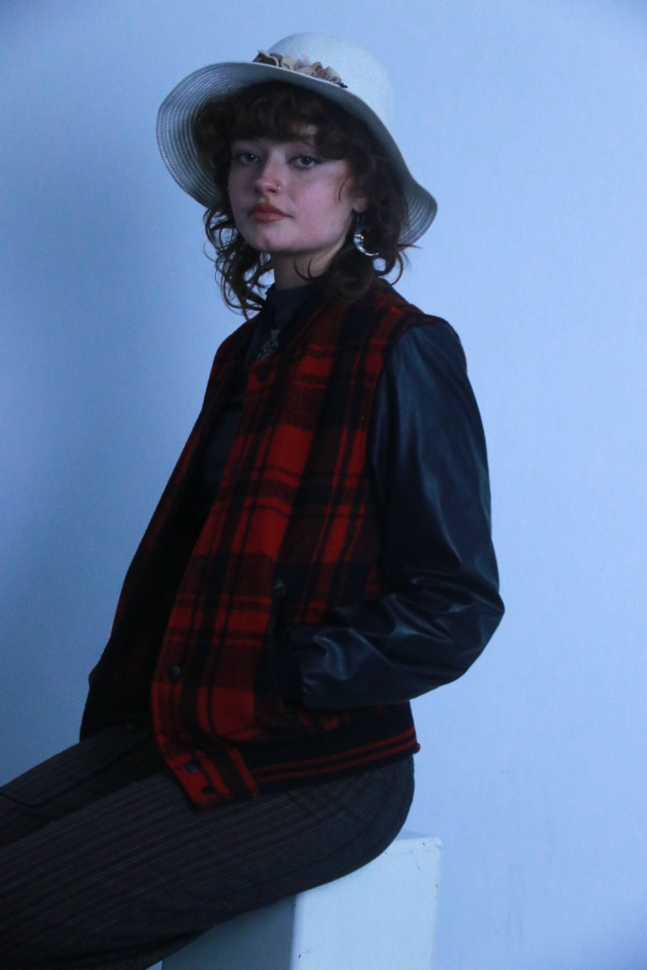 Rubynee vintage leather checkered bomber jacket