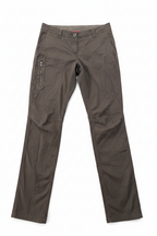 A pair of dark brown cargo pants laid flat against a white background, featuring a zippered side pocket and belt loops.