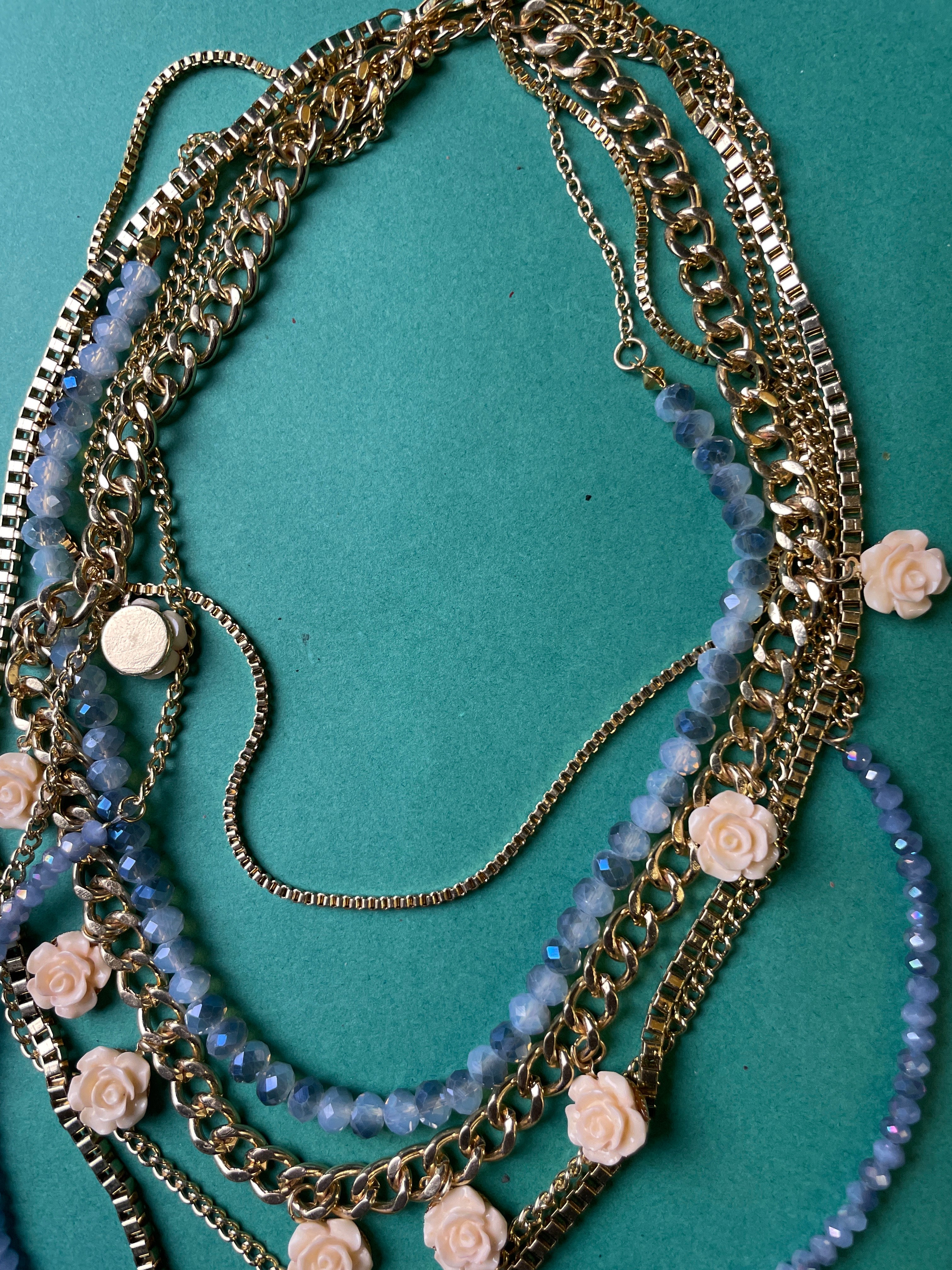 GOAH Gold plated women's necklace with blue bead and creamy flower