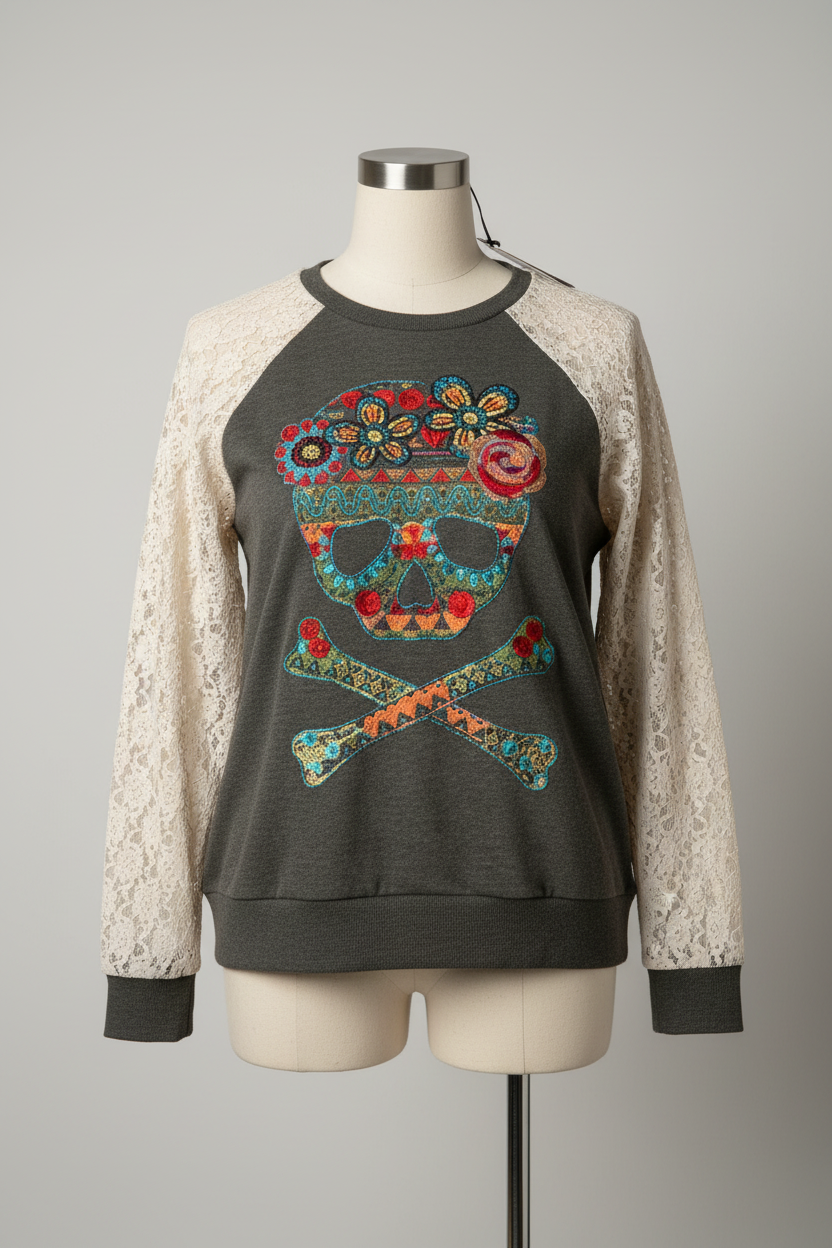 Rubynee Vintage y2k top in grey and white with skull symbol